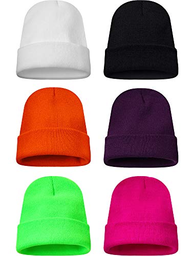 Geyoga 6 Pieces Multicolor Winter Beanie Hats Warm Knitted Cuffed Skull Cap for Adults - color: Orange, Rose Red, Green, Dark Purple, White, Black