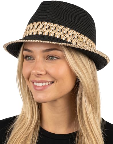 Funky Junque Short Brim Fedora Packable Sun Hat for Women - color: Black/Natural