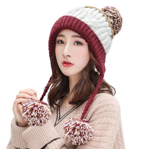 HUAMULAN Women Winter Sherpa Knit Beanie Hat Fleece Lined Ear Flaps - color: M8375-jiuhong
