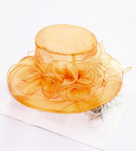Women Derby Fascinator Hat Organza Church Wedding Hats Wide Brim Cocktail Tea Party Hat - color: 12 Orange