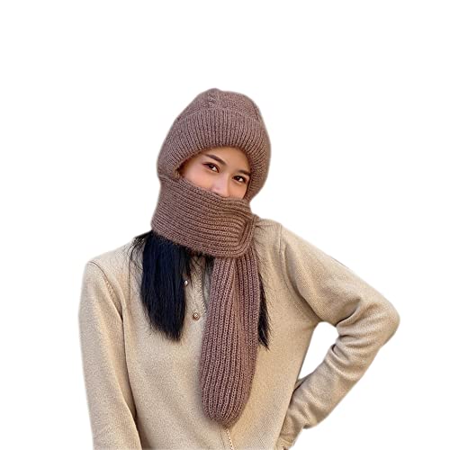 Winter Warm Elastic Soft Ear Protection Knitted Scarf Hat Fleece Lined Beanie Hat - color: H01-khaki