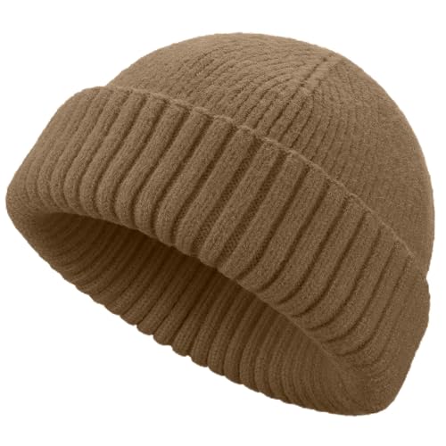 Wool Short Fisherman Beanie for Men Women Double Cuffed Skull Caps - color: 1pcs-light Coffee