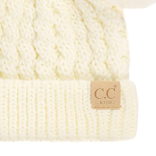 C.C Kids' Cable Knit Double Pom Beanie for Kids - Comfortable Soft Warm Children Skully Hat with Pom - color: Matching Faux Fur Pom Ivory
