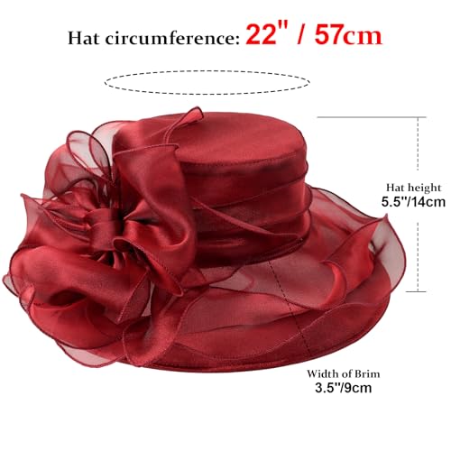 AQOKKA Women Organza Church Fascinators Kentucky Derby Hats for Women and Girls Wedding Flower Tea Party Hat with Wide Brim - color: Organza Big Bow : Burgundy