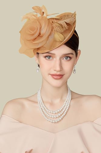 BABEYOND Fascinators Hats for Women Tea Party Mesh Flower Pillbox Derby Hat - color: Champagne Gold