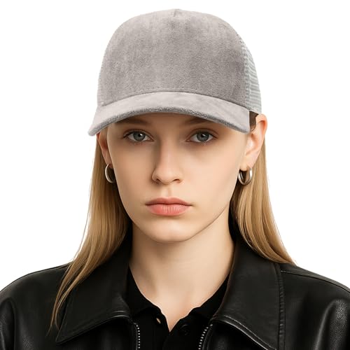 TopTie Suede Mesh Baseball Cap, Breathable Snapback Trucker Cap, 5-Panel Unisex Adjustable Sports Hat for Outdoor - color: Grey