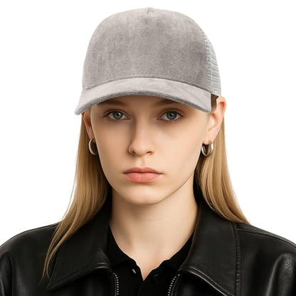 TopTie Suede Mesh Baseball Cap, Breathable Snapback Trucker Cap, 5-Panel Unisex Adjustable Sports Hat for Outdoor - color: Grey