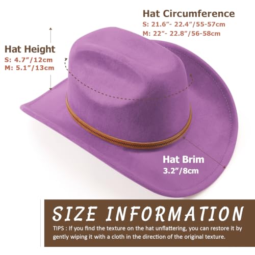 Western Cowboy Hats for Women Classic Felt Wide Brim Fedora Hat with Belt Buckle Retro Panama Hat Unisex Rolled up Cap - color: Suede Cowboy Hats : Purple, size: Medium