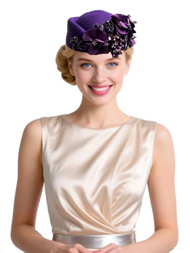 Women's Retro British Felt Headscarf Hat Church Derby Headdress with Floral Women's Soft Beret - color: Purple