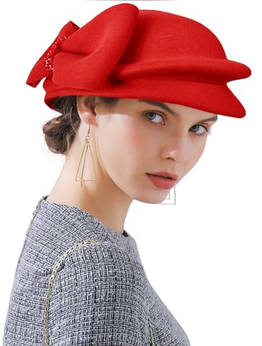 Women's Vintage 100% Wool Felt Cloche Bucket Bowler Hat Winter Vintage Bow Fedoras Church Derby Fascinator Hat - color: B8 Red