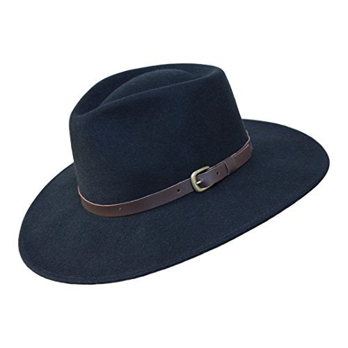 B&S Premium Lewis - Wide Brim Fedora Hat - 100% Wool Felt - Water Resistant - Leather Band - color: Black, size: 7 1/2-7 5/8