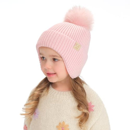 C.C Kids Ear Flap Fur Pom Beanie for Boys Girls - Comfortable Soft Warm Children Youth Knit Skully Hat with Faux Fur Pom - color: Pink