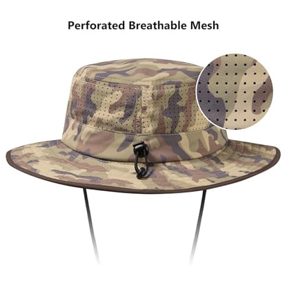 BASSDASH UPF 50+ Water-Resistant Fishing Bucket Hat with Laser Perforated Mesh Adjustable for Men Women Outdoor Hiking - color: Earth Camo