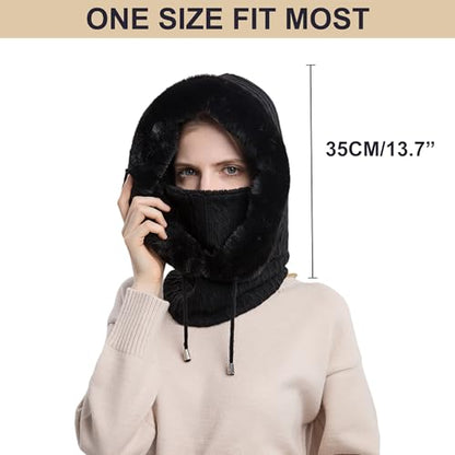 HUAMULAN Women Cable Knit Balaclavas Winter Fleece Lined Beanie Hat - color: Black