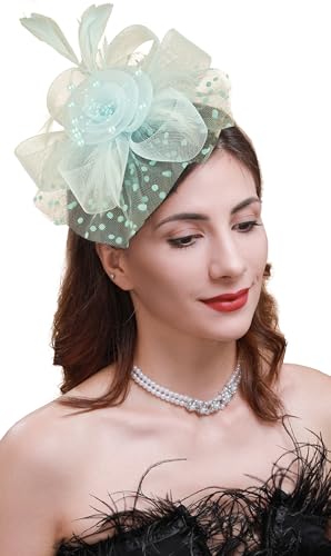 Fascinators Hat for Women Tea Party Headband Kentucky Derby Wedding Flower Cocktail Mesh Feathers Hair Clip - color: 1-sky Blue