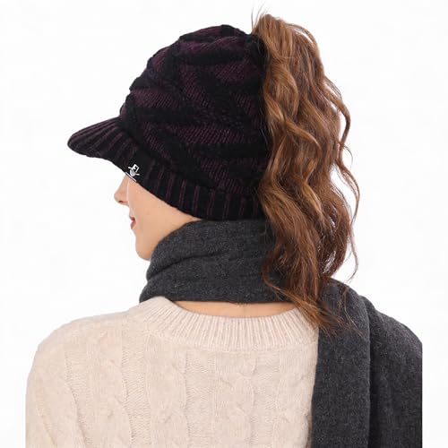 Women's BeanieTail Warm Knit Hat Messy High Bun Ponytail Visor Beanie Cap - color: B341-purple, size: Medium