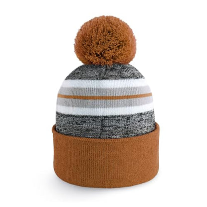Pom Pom Beanie Cuffed Knit Winter Hat Skull Cap Striped Novelty Men Women - color: (Camel)