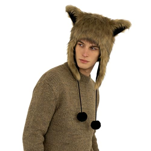 PURFUN Fuzzy Faux Fur Full Hood Trapper Hats with Animal Ear, Adults Halloween Cosplay Roleplay Cat Wolf Ear Hooded Hats - color: Light Brown