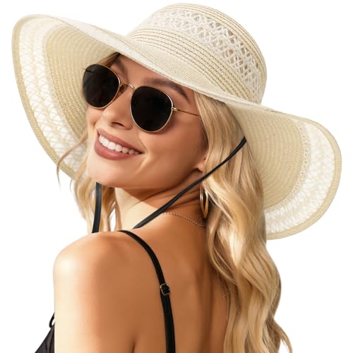 Tavaleu Beach Sun Straw Hat Wide Brim UV Protection for Women Foldable - color: Beige With Lace
