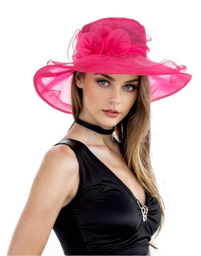 Derby Hats for Women 2026 Women's Elegant Organza Kentucky Fascinator for Church, Tea Party, Weddings Hats - color: Hat2-rose Pink