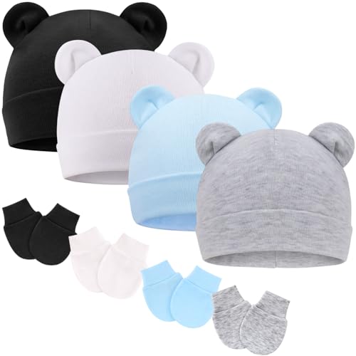 Newborn Baby Hat and Mittens Set Bear Ears Toddler Infant Beanie Caps Newborn Hospital Hat for Baby Boy Girl 0-3 Months - color: Bear Ear Gg