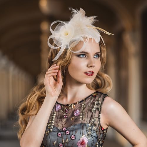 Zinniday Victorian Feather Fascinators Hats - 2025 Derby Attire Headwear with Hairpin,1920s Tea Party Hat for Woman - color: Champagne
