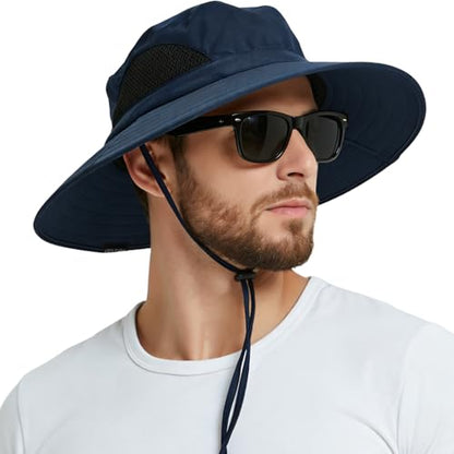 Wide Brim Sun Bucket Hat, Waterproof Boonie Hat for Men & Women - color: 01 Navy Blue