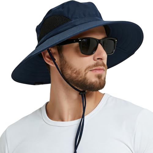 Wide Brim Sun Bucket Hat, Waterproof Boonie Hat for Men & Women - color: 01 Navy Blue