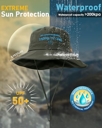 Waterproof Bucket Hats for Women Men Foldable Brim UPF 50+ Floppy Cowboy Rain Hat UV Protection Boonie Sun Hats for Hiking Army Green