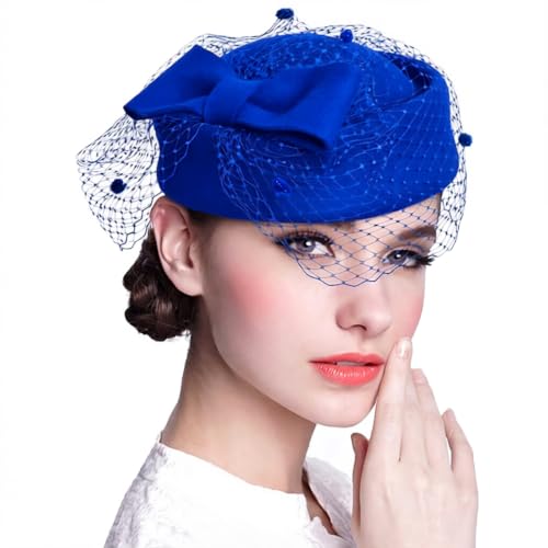 ORIDOOR Women's British Style Pillbox Church Derby Wedding Winter Vintage Fascinator Beret 100% Wool Felt Veil Hat - color: 01a-royal Blue