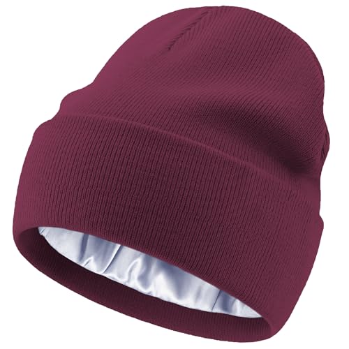 Satin Lined Knit Beanie Hat-100% Cotton Winter Hats for Women Men - color: 1-wine Red