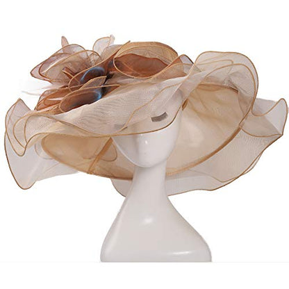 Women Oganza Sun Hat Church Wide Brim Wedding Formal Fascinator Hat - color: Light Blue & Light Yellow