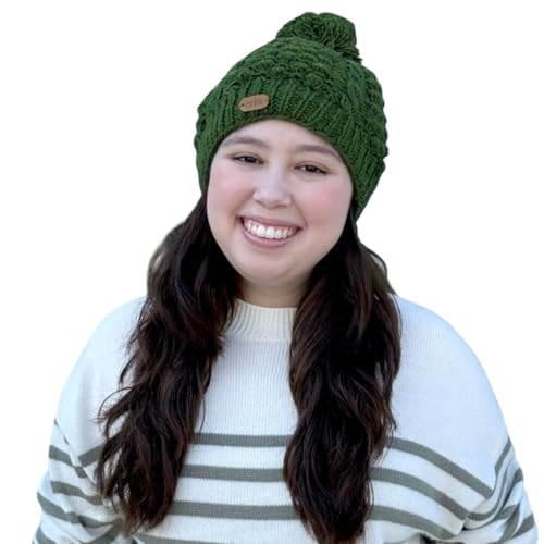 Briomhar Pom Beanie for Women - Fleece Lined 100% Wool Winter Hats for Women - Knit Hat Designed in Ireland - color: Green