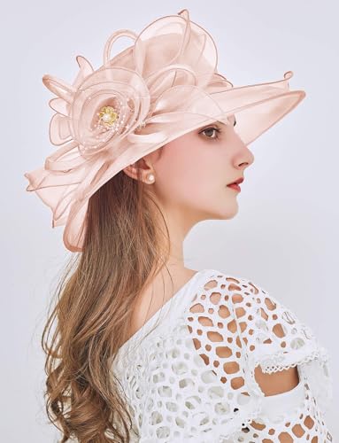 Women Organza Kentucky Hat Fascinator Tea Party Derby Hat Feather Wedding Church Head Ornament Sun Hats - color: 016-pale Pink