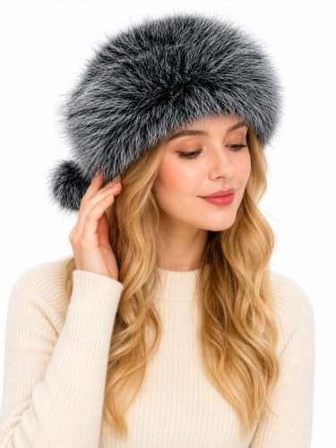 DLNYC Women’s Faux Leather Winter Hat with Faux Fur Trim, Soft Lined Cap with Hanging Cords & Pom-Poms, Warm Stylish Hat - color: Black & Silver
