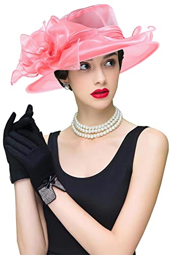 ORIDOOR Women's Organza Cloche Bowler Hat Derby Fascinator for Tea Party Bridal Wedding Hat - color: 011c1-pink Red
