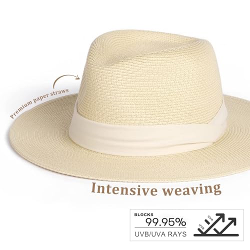 FURTALK Womens Mens Wide Brim Straw Panama Hat Fedora Summer Beach Sun Hat - color: Beige-white, size: Medium-Large
