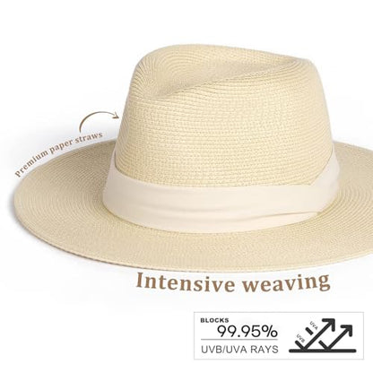 FURTALK Womens Mens Wide Brim Straw Panama Hat Fedora Summer Beach Sun Hat - color: Beige-white, size: Medium-Large