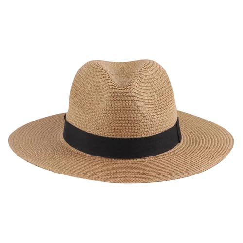 Foldable Brim Straw Hat Woven Beach Cap Wide Brim Summer Hat Travel Straw Sun Hat Packable Beach Hat with Black Band Khaki - color: Khaki