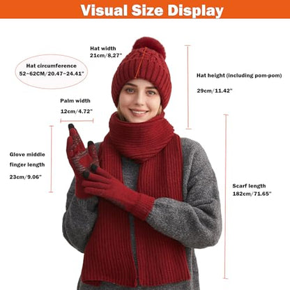 HUAMULAN Women Winter Knit Beanie Hat Circle Scarf Set Pompoms Ear Flaps - color: Wine Red With Scarf and Gloves