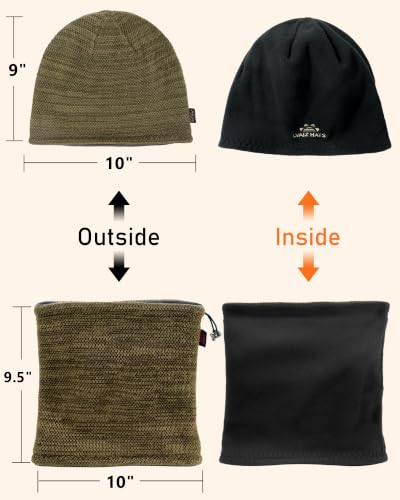 Winter Mens Beanie Hat Scarf Set Fleece Lined Windproof Ski Skull Cap Women - color: Khaki+grey