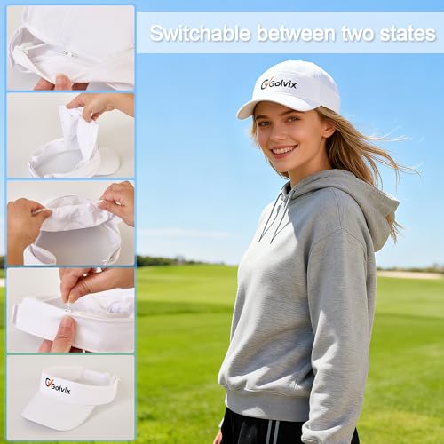 2-in-1 Convertible Golf Visor & Baseball Cap, Lightweight Breathable Sports Hat for Men & Women, Adjustable 100% Polyester - color: White