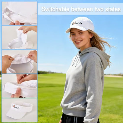 2-in-1 Convertible Golf Visor & Baseball Cap, Lightweight Breathable Sports Hat for Men & Women, Adjustable 100% Polyester - color: White