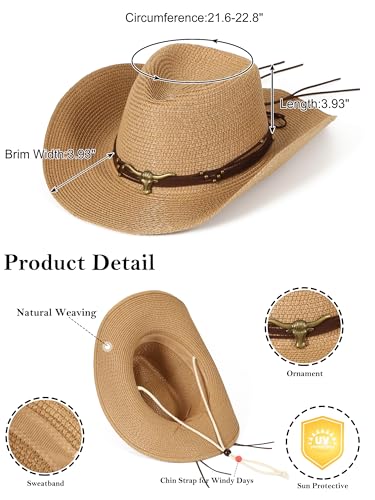 Straw Cowboy Sun Hat Western Cowgirl Women Men with Windproof Chin Strap - color: 카키