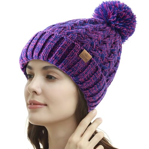 PAGE ONE Womens Winter Ribbed Beanie Crossed Cap Chunky Cable Knit Pompom Soft Warm Hat - color: Dark Rose
