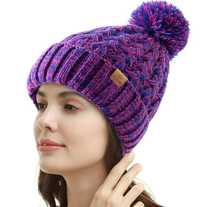 PAGE ONE Womens Winter Ribbed Beanie Crossed Cap Chunky Cable Knit Pompom Soft Warm Hat - color: Dark Rose