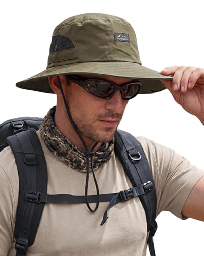 Hat Hut Hiking Hat, UPF50+ Wide Brim Sun Bucket Hats for Men Women, UV Protection, Fishing Outdoor Safari - color: Olive Green