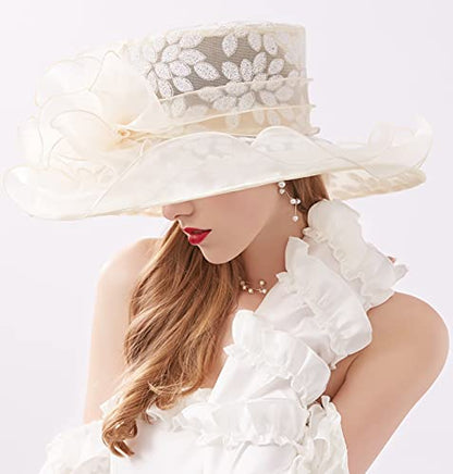 Z&X Organza Church Fascinator Wedding Tea Party Derby Hats for Women Flower Wide Brim Sun Hats - color: 01b Beige