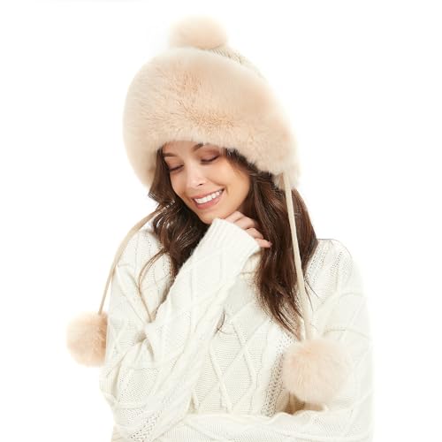 Winter Hats Cute Kint Hat Russian Fur Crochet Hat Slouchy Beanies with Pompom Warm Fuzzy Snow Cap Trapper Hat for Women - color: Beige