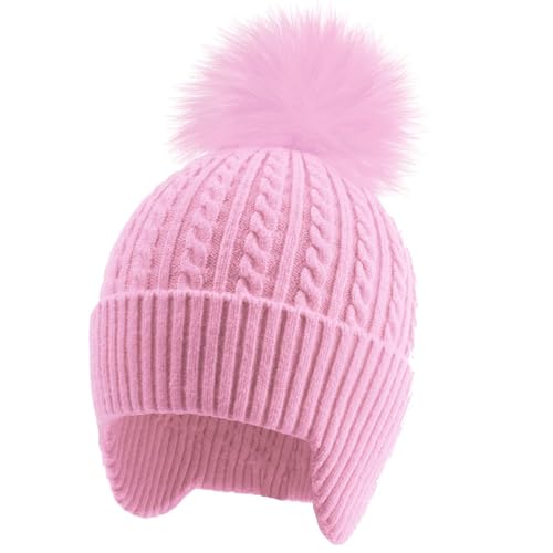 Toddler Earflap Beanie Hat with Rainbow Pom for Little Girls Knitted Beanies Kids Winter Skiing Caps Age 3-8 - color: Pink